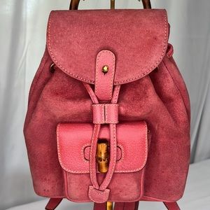 Rare Color Pink Suede Gucci Mini Backpack with Signature Bamboo Details